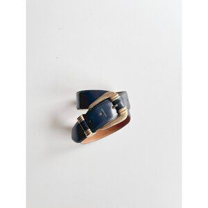 Vintage AQUASCUTUM Navy Blue Leather Large Gold Buckle Waist Belt, Size S